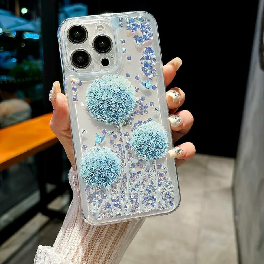 Blue Dandelion Glitter Quicksand Clear iPhone Case