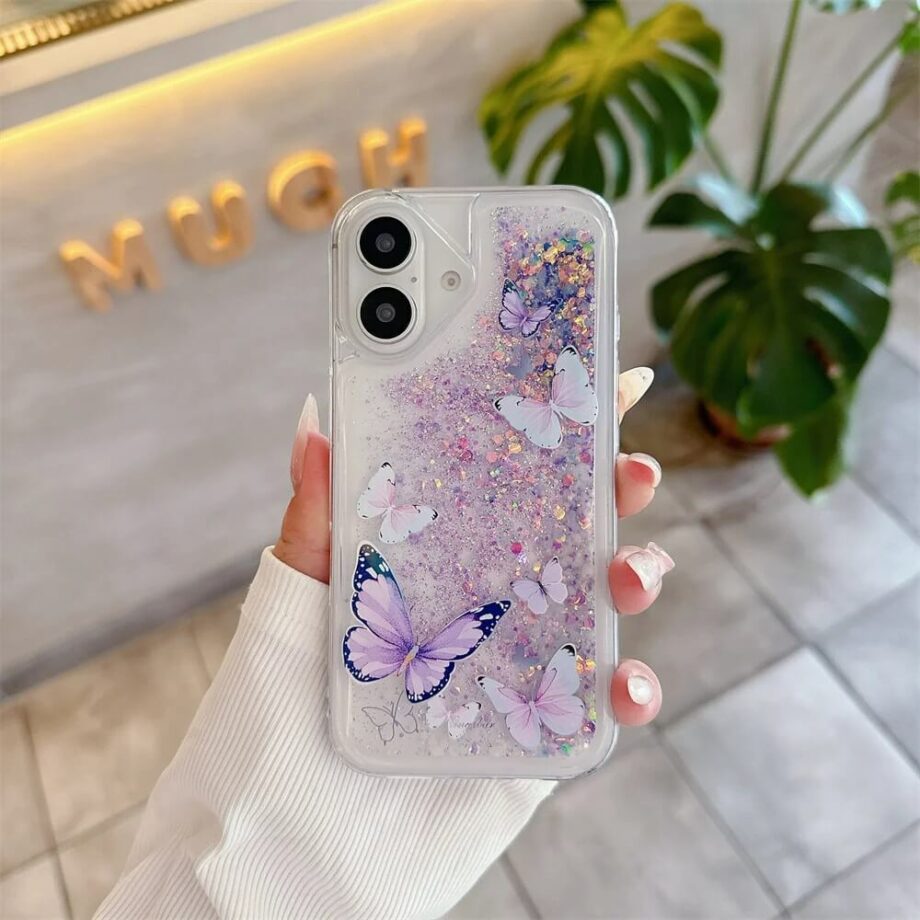 Glow in The Dark Purple Glitter Butterfly Quicksand Bling iPhone Case