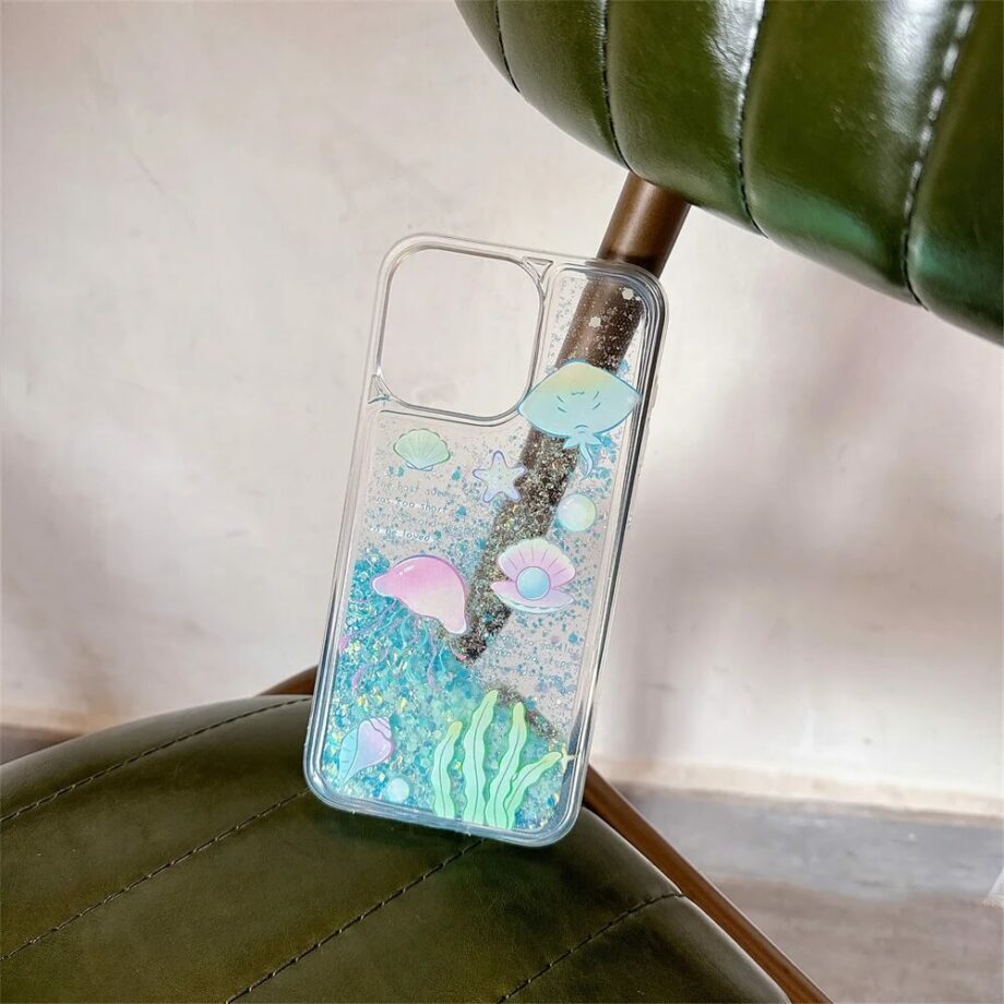 Glow in the Dark Liquid Floating Glitter Jellyfish & Conch iPhone Case (1)