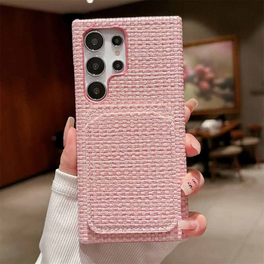 Pink Woven Leather Wallet Samsung Phone Case with Card Holder