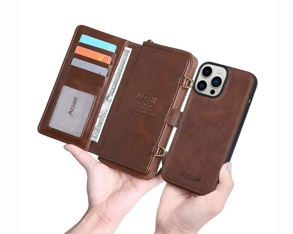 Brown wallet case with detachable phone holder in hand