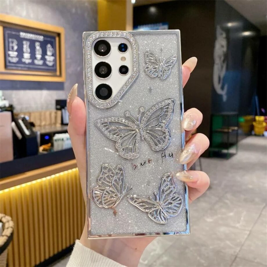 Glitter 3D Rhinestone Butterfly Phone Case - Silver