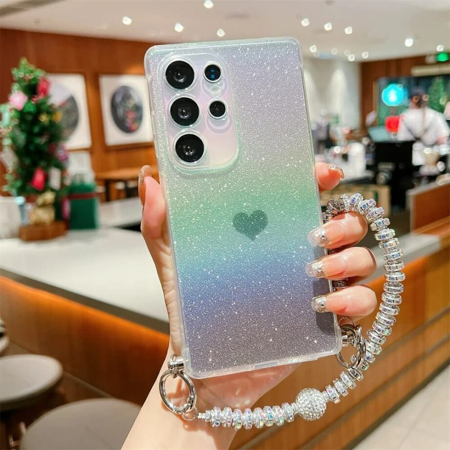 Glitter Gradient Heart Green Phone Case with Beaded Strap