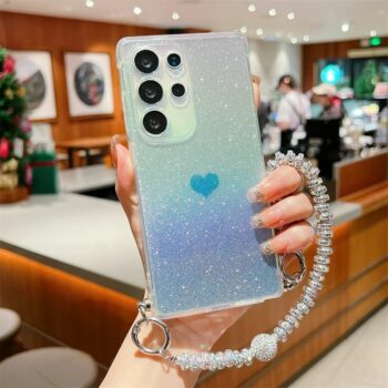 Glitter Gradient Heart Samsung Phone Case with Beaded Strap