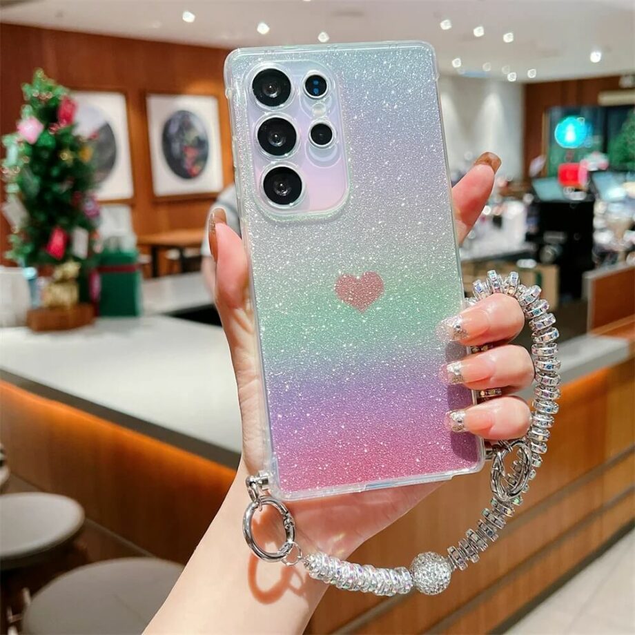 Glitter Pink Gradient Heart Phone Case with Beaded Strap