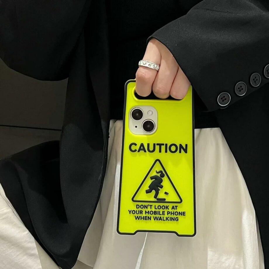 Glow In The Dark Caution Sign Phone Case with Grip Handle