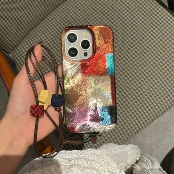 Holographic Retro Colorful Grid Glossy iPhone Case With String Lanyard