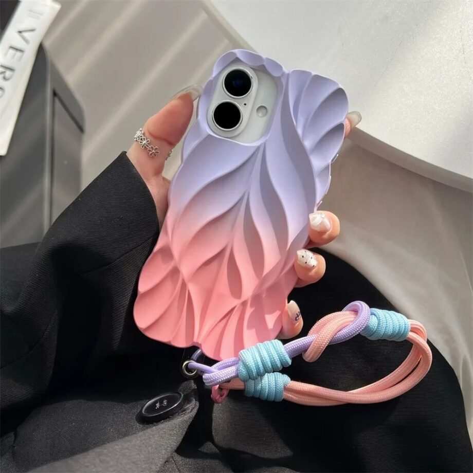 Pink Leaf Ripple Gradient Silicone iPhone Case with Strap