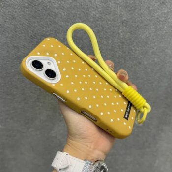 Polka Dot Lychee Grain Leather iPhone Case with Wrist Strap