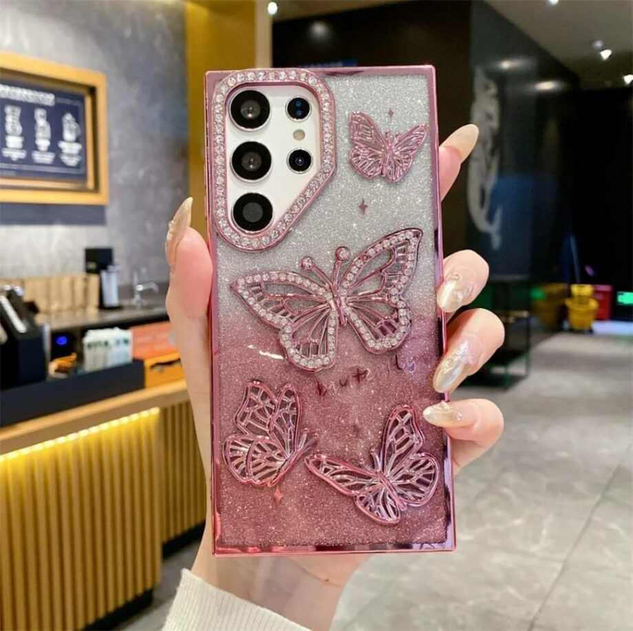 Sparkling Glitter 3D Rhinestone Butterfly Samsung Case - Pink