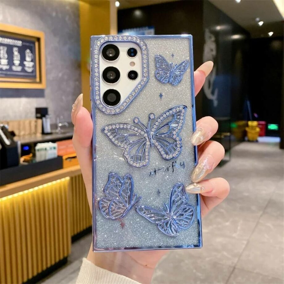 Sparkling Glitter Bling 3D Rhinestone Butterfly Phone Case - Blue