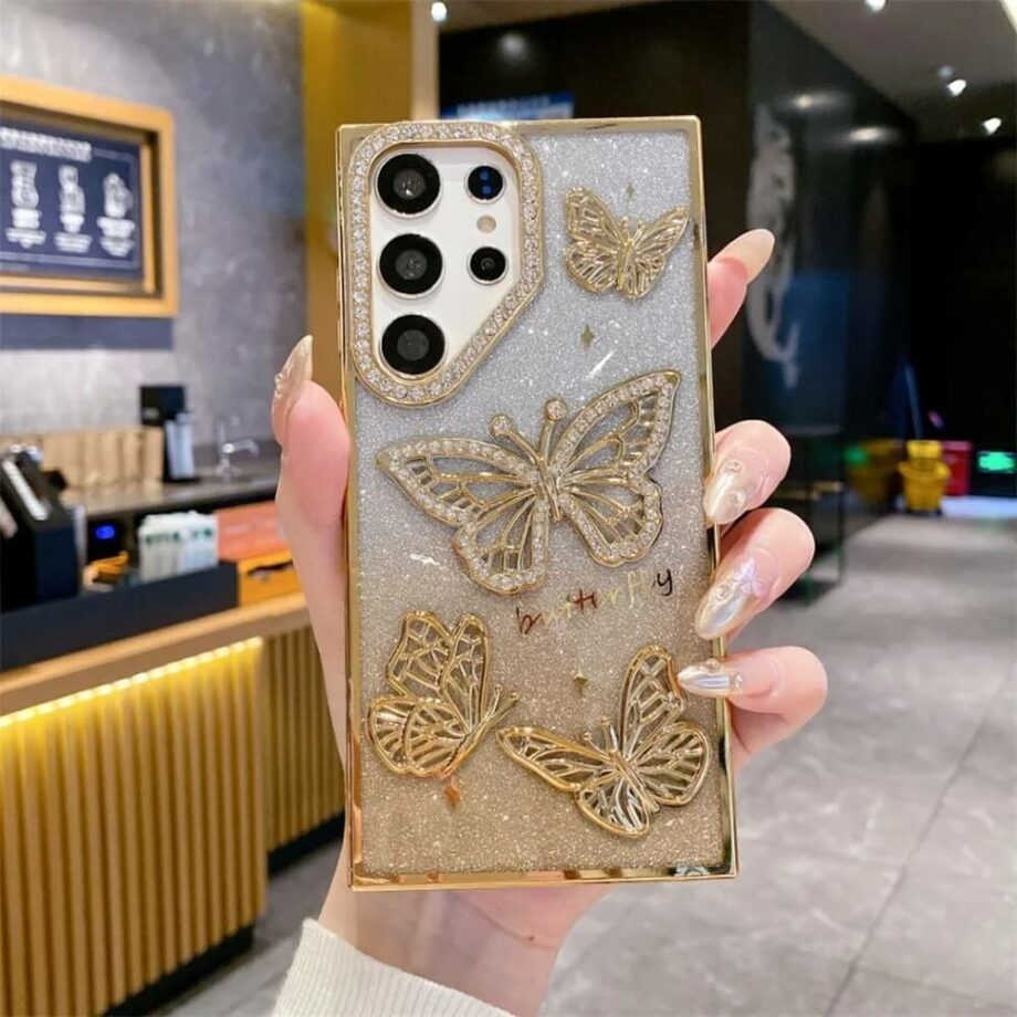 Sparkling Glitter Bling 3D Rhinestone Butterfly Phone Case - Gold