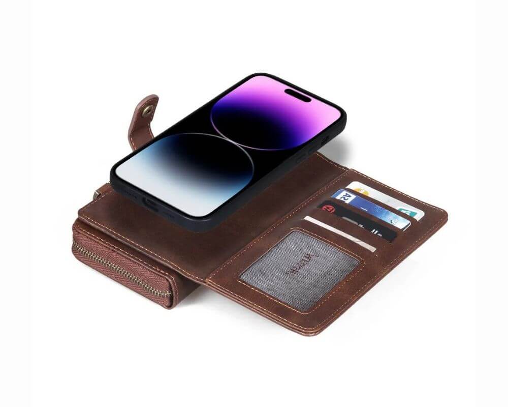 wallet case open, showing phone, cards, and cash inside